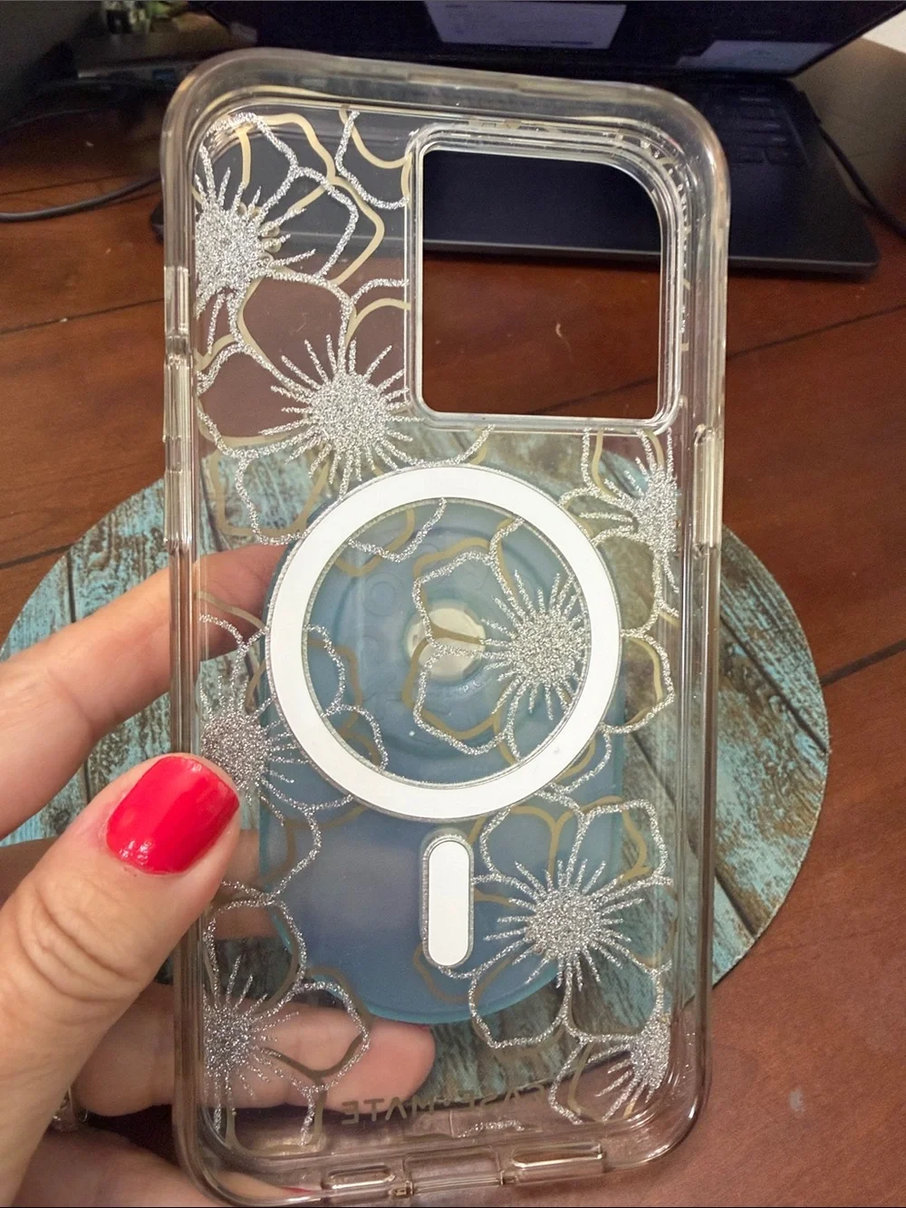 Case-Mate Clear Floral iPhone 15 ProMax Case with Blue PopGrip